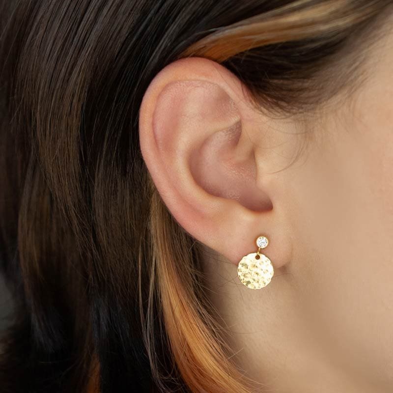 Hammered disc stud earrings with subtle CZ detail