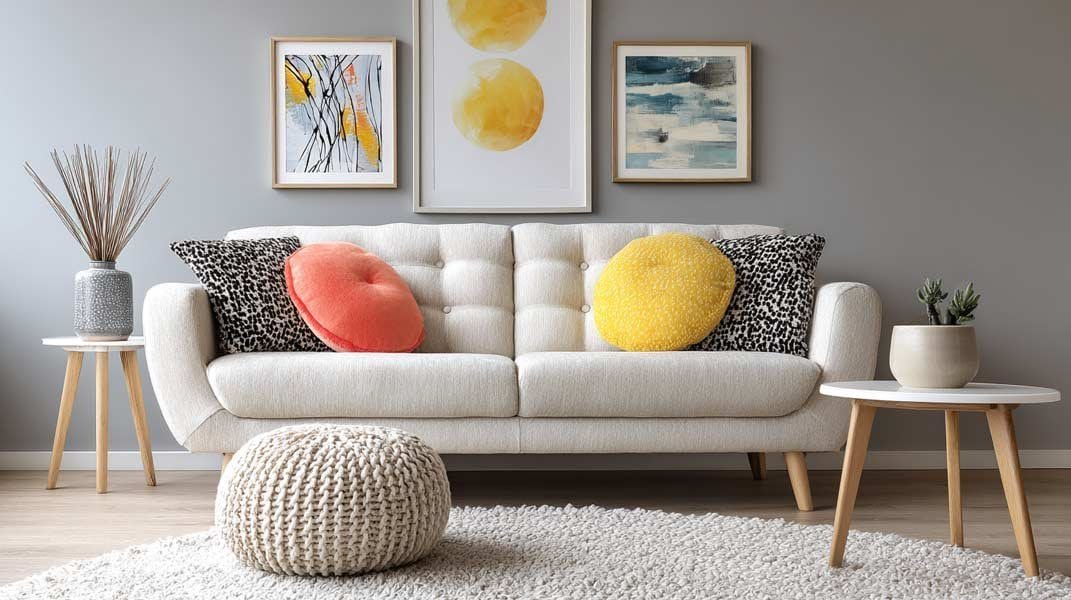 Minimalist cozy living room with white sofa, round knitted pouf, and simple gallery wall.