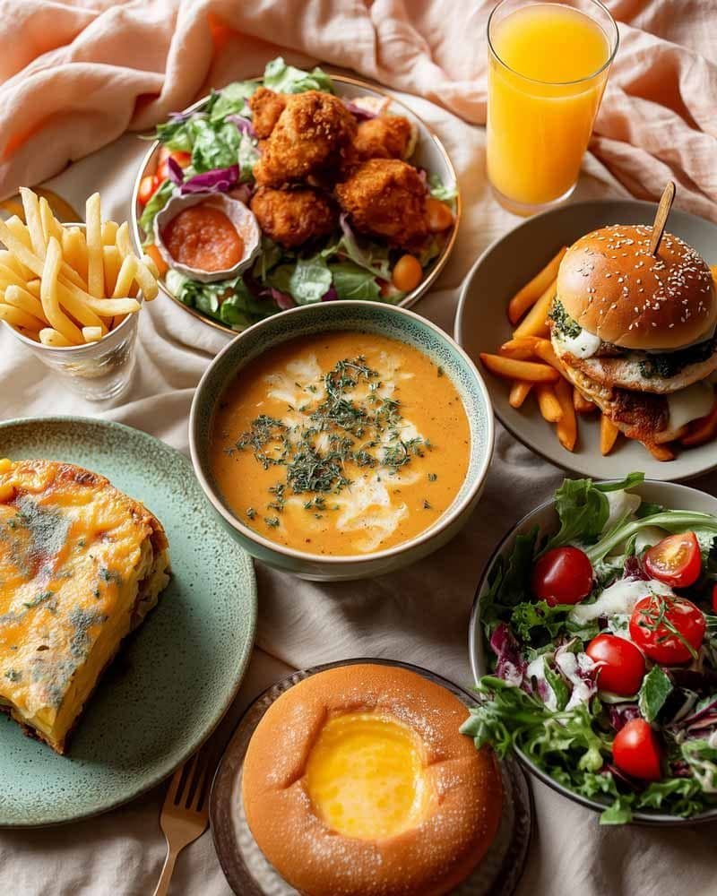 Recipe Collection cover with a cozy abundant table of soup, wings, burger, pasta, salad, casserole, bread and desserts