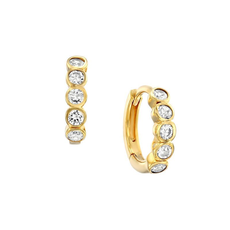 CZ gold huggie hoop earrings — bezel set sparkle, minimalist everyday hoops