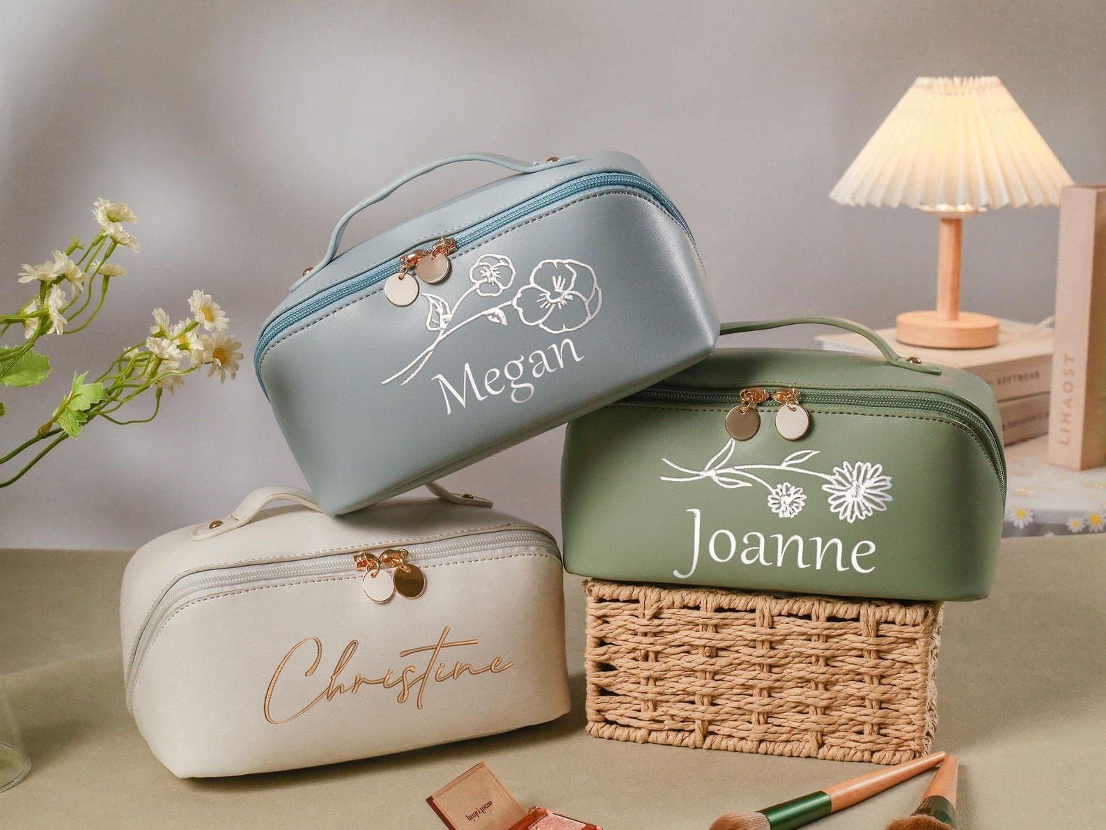 Embroidered leather makeup bag