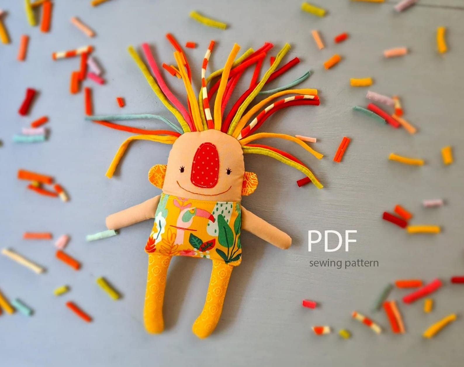 Worry monster toy sewing pattern with fabric hair – handmade calming doll for anxious children to fidget, pull, and self-soothe through sensory play