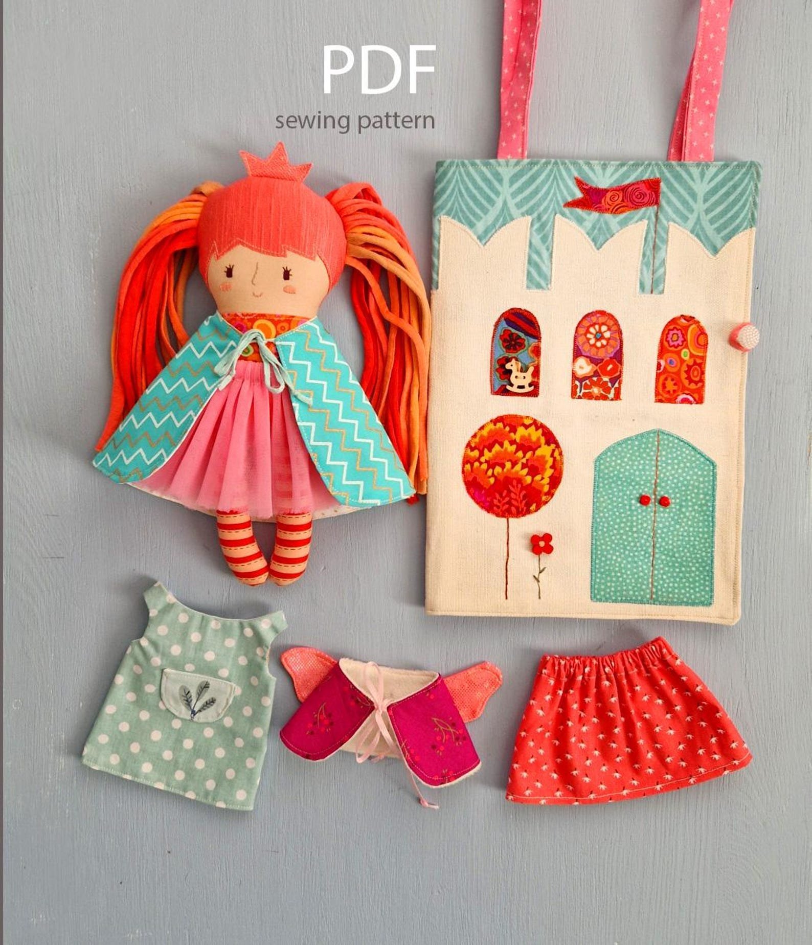 Princess doll sewing pattern with castle bag – handmade fabric doll set that encourages fine motor skills, imaginative play, and creative storytelling for children