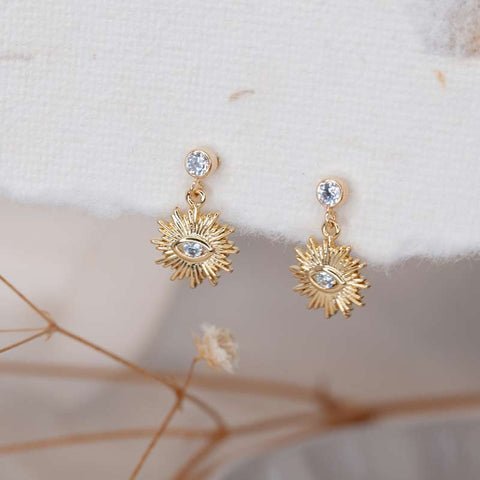 Gold Sunburst Earrings — dainty stud earrings with a radiant charm