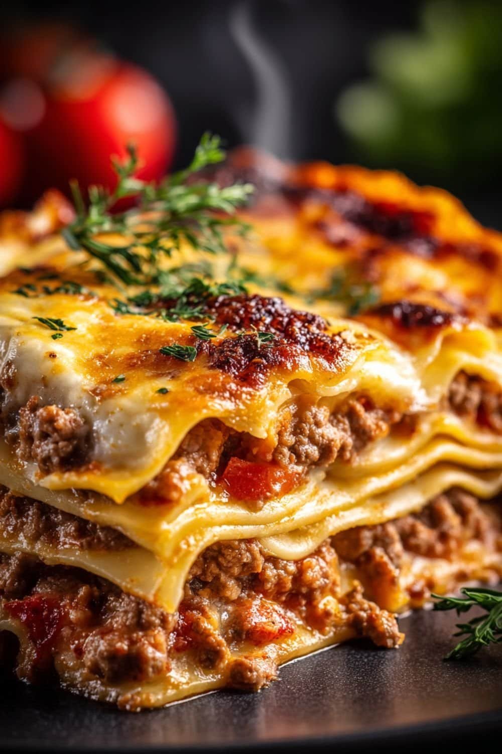 Homemade baked beef lasagna with rich layers of pasta, savory meat sauce, and bubbling melted mozzarella cheese — served hot and golden.
