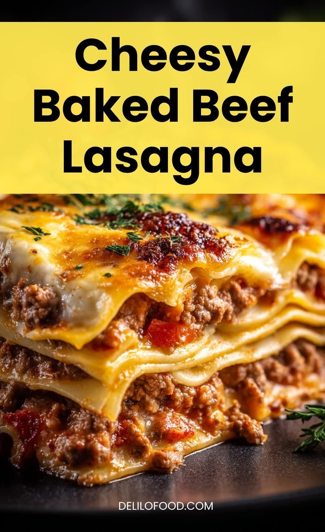 Cheesy baked beef lasagna with layers of pasta, ground beef, tomato sauce, and melted mozzarella cheese, served hot and golden on a dark plate.