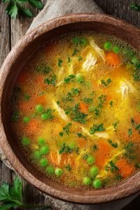 A cozy homemade chicken soup with diced carrots, sweet peas, and tender chicken in a rich golden broth, served in a wooden bowl on a kitchen counter
