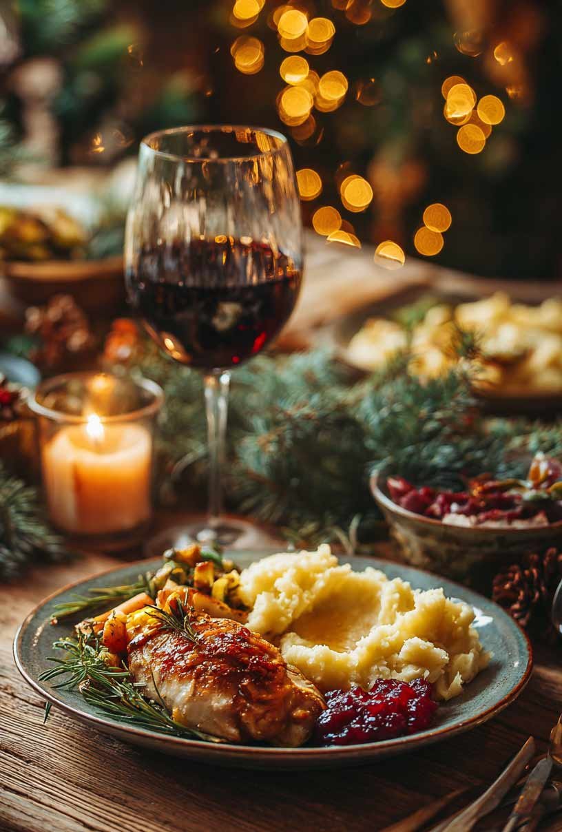 Cozy festive holiday dinner table with roasted chicken, mashed potatoes, cranberry sauce, and red wine by candlelight