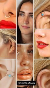 Collage of realistic fake piercings — gold septum rings, opal ear cuffs, chain ear cuffs, fake lip ring, and minimalist faux nose hoops worn by different women, showcasing BenittaMoko no-piercing jewelry styles.