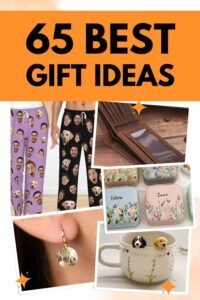 65 best Etsy gift ideas cover image showing collage of thoughtful presents — custom face pajama pants, leather wallet, floral jewelry boxes, minimalist gold earrings, and cute dog mug. Perfect for unique and creative gift inspiration.