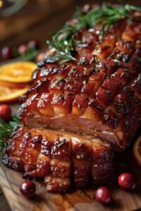 Golden Christmas maple glazed ham with a shiny caramelized crust, garnished with fresh rosemary, cranberries, and orange slices on a rustic festive wooden board.