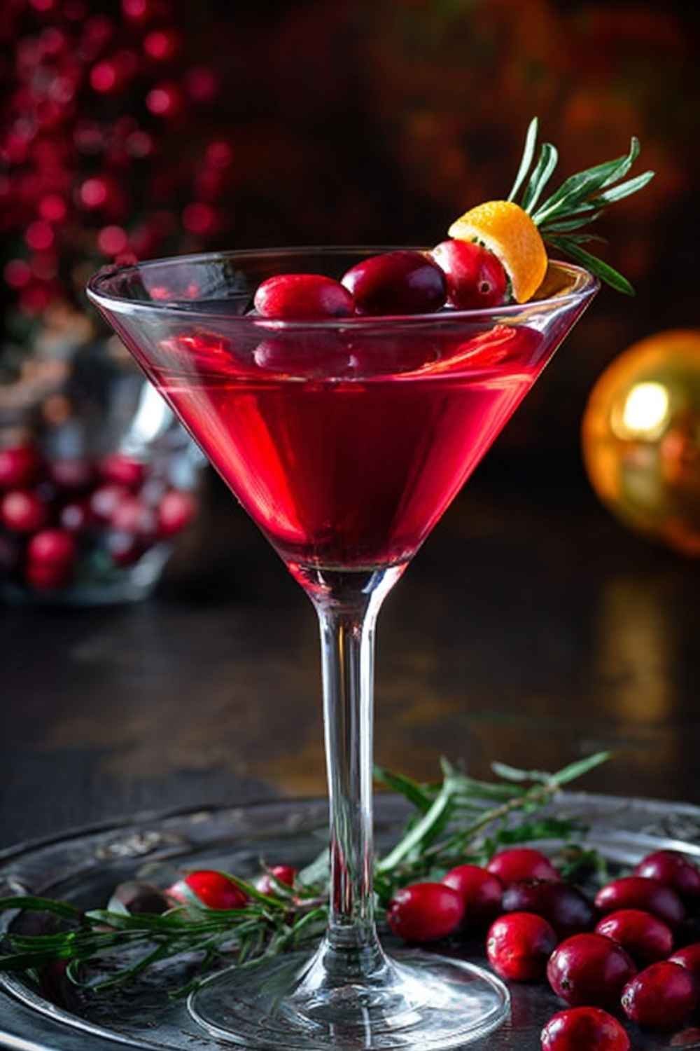 Cranberry martini with sugared cranberries and lime — festive winter cocktail