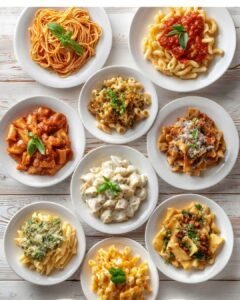 Assorted pasta dishes with different sauces — spaghetti, penne, rigatoni, tortellini, and more — arranged on white plates for a pasta and sauce pairing guide.