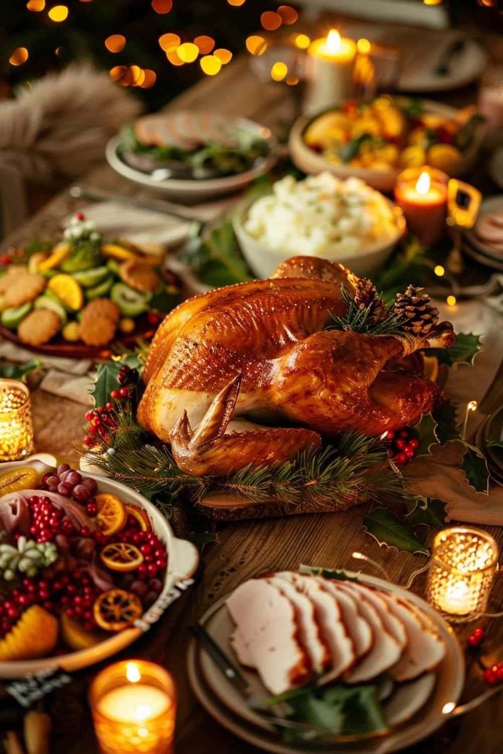 Festive holiday dinner table filled with roasted turkey, mashed potatoes, fresh salads, fruits, and candles — cozy Christmas and Thanksgiving celebration inspiration with warm golden lights and rustic decor.