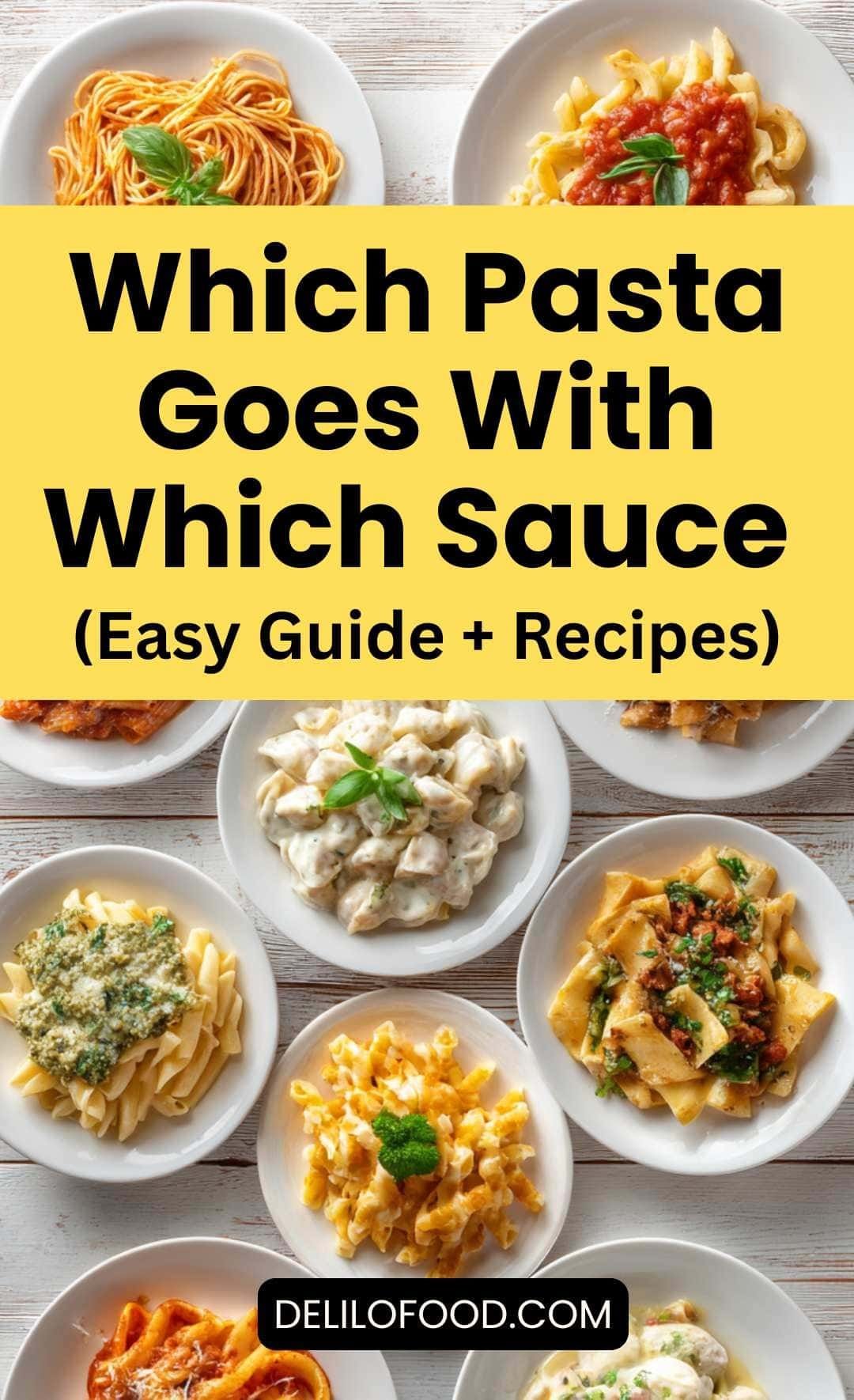 Flatlay of different pasta shapes with matching Italian sauces, illustrating which pasta goes with which sauce in a bright and cozy food scene