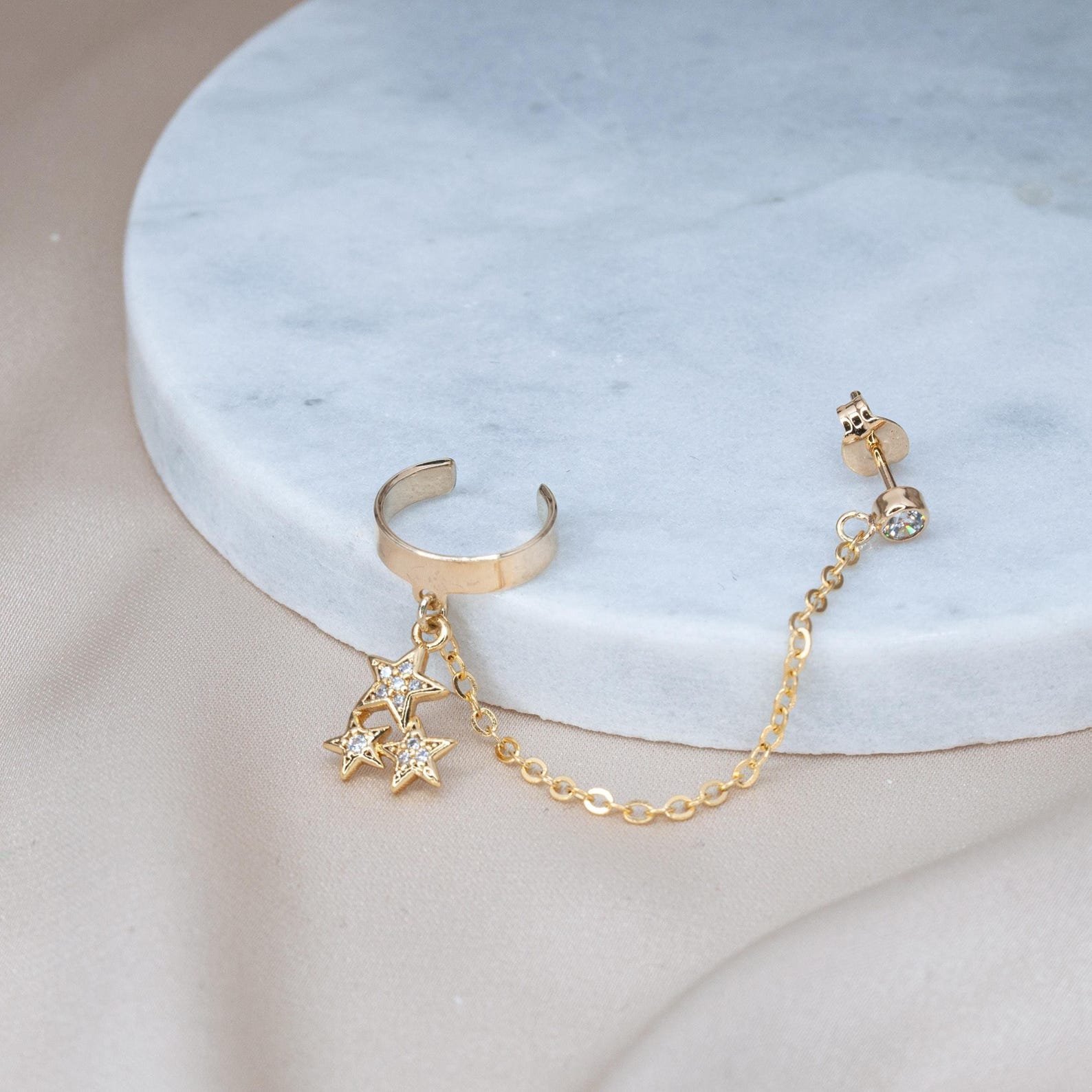 Star ear cuff earring with a chain linked stud — celestial no piercing jewelry from BenittaMoko