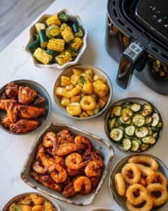 Air fryer cook times guide with a variety of foods including chicken wings, shrimp, vegetables, and potatoes