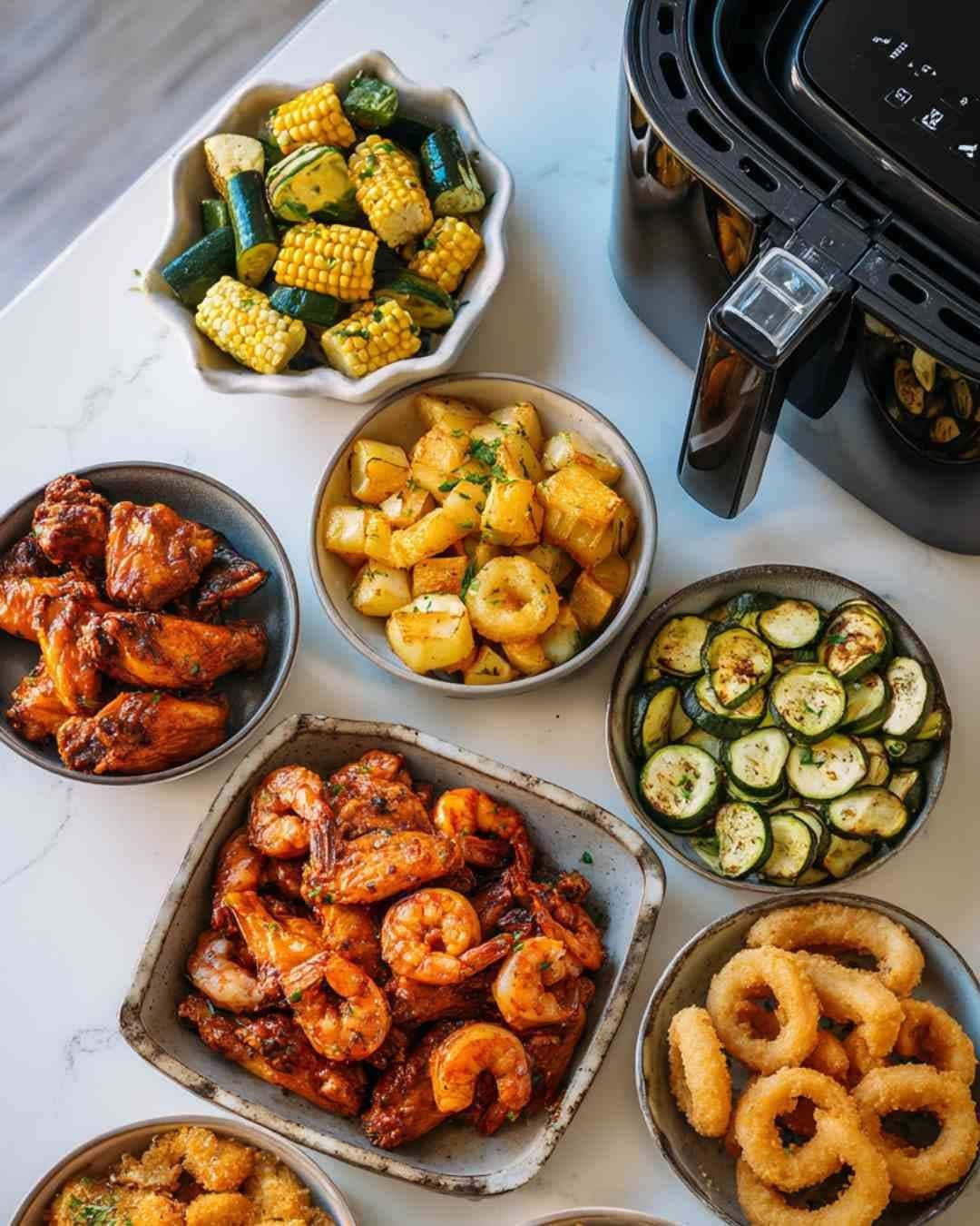Air Fryer Cook Times Chart showing air fryer cook times for chicken wings, shrimp, potatoes, vegetables, and onion rings