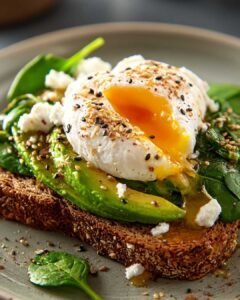 Avocado toast topped with a poached egg on whole grain bread, a fresh and energizing healthy breakfast idea.