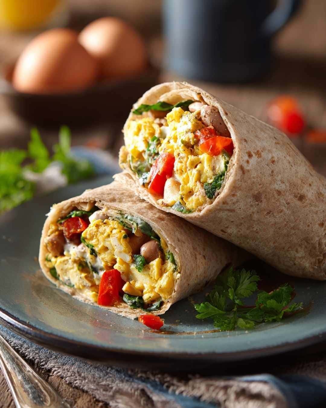 Healthy breakfast burrito with eggs, beans, and veggies