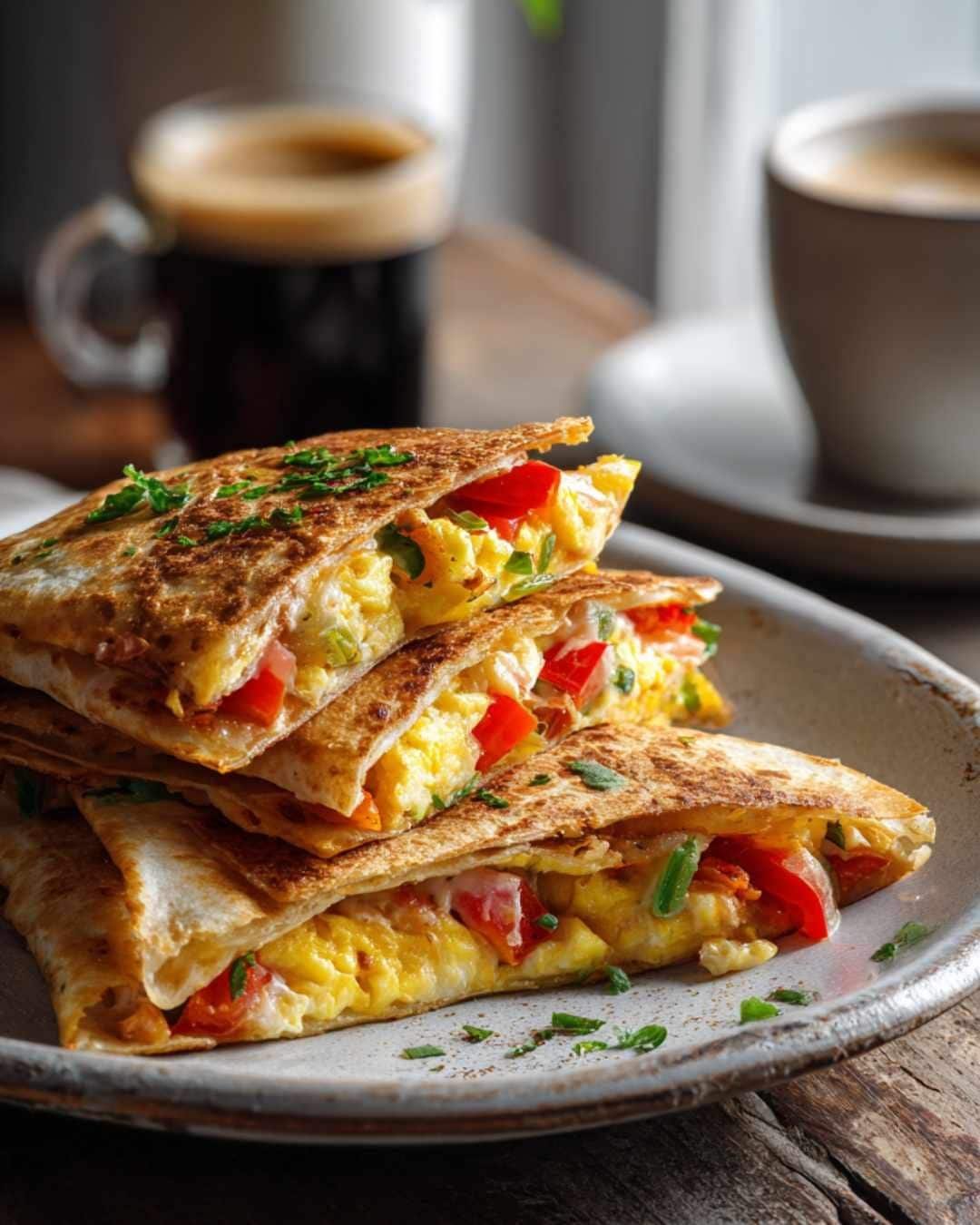 Golden breakfast quesadilla with eggs, cheese, and vegetables