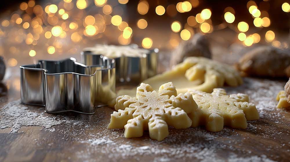 Golden baked Christmas sugar cookies in tree, star, and round shapes cooling on a parchment-lined baking sheet