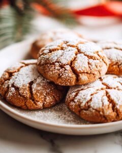 Soft gingerbread cheesecake cookies coated in powdered sugar on a white plate, festive holiday background