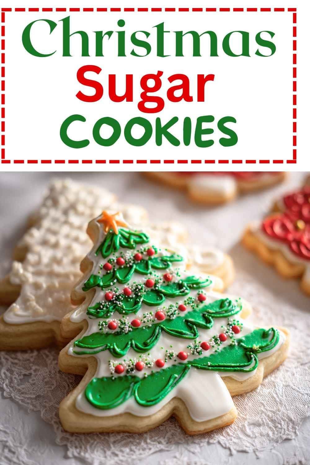 Decorated Christmas sugar cookies shaped like trees and snowflakes with colorful icing
