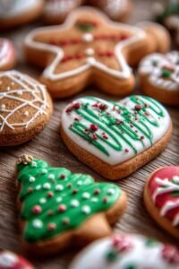 Decorated Christmas sugar cookies shaped like trees, snowflakes, and stockings with colorful icing on a rustic wooden table.