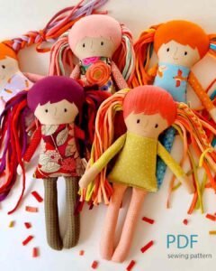 Handmade rag dolls sewing pattern with colorful yarn hair – soft fabric dolls for children fine motor skills and emotional comfort