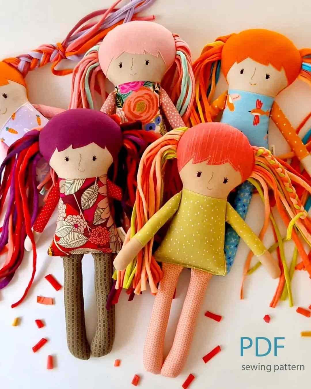 Handmade rag dolls sewing pattern with colorful yarn hair – soft fabric dolls for children fine motor skills and emotional comfort