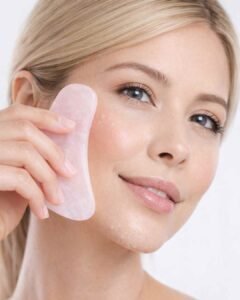 Woman using a rose quartz gua sha tool on her cheek for a simple facial massage routine