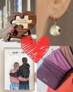 Meaningful Valentine’s Day gift ideas for her, featuring personalized keepsakes, handmade jewelry, custom art print, and a leather card holder