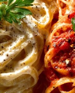 Close-up of two pasta dishes side by side: creamy Alfredo pasta with black pepper and parsley on the left, and rich marinara pasta with tomato sauce and chili flakes on the right.
