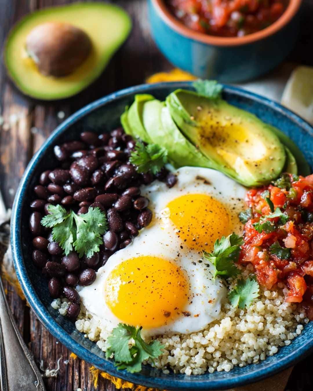 Protein-packed breakfast bowl with grains, eggs, avocado, and beans