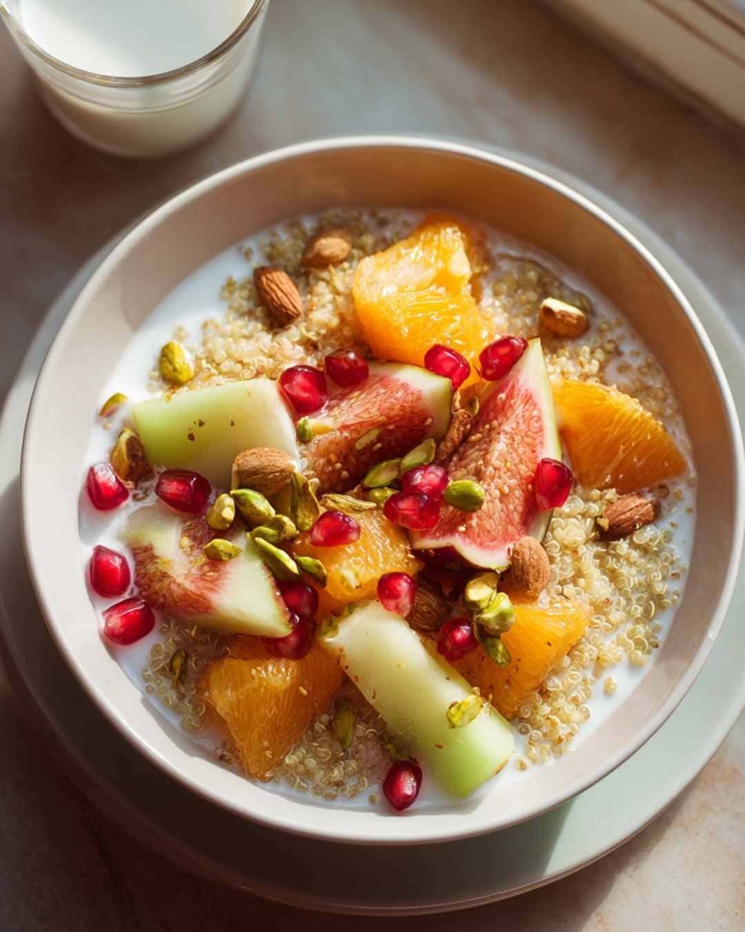 Quinoa breakfast bowl with fruit and nuts as a healthy morning idea