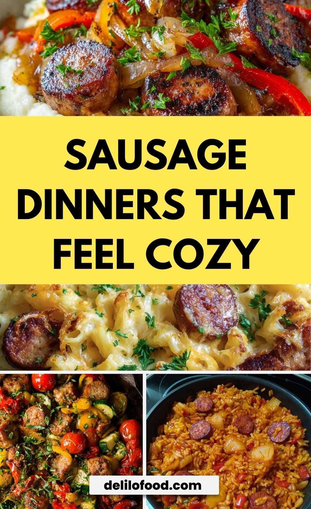 Collage of cozy sausage dinners with a yellow title banner reading 'Sausage Dinners That Feel Cozy' and delilofood.com