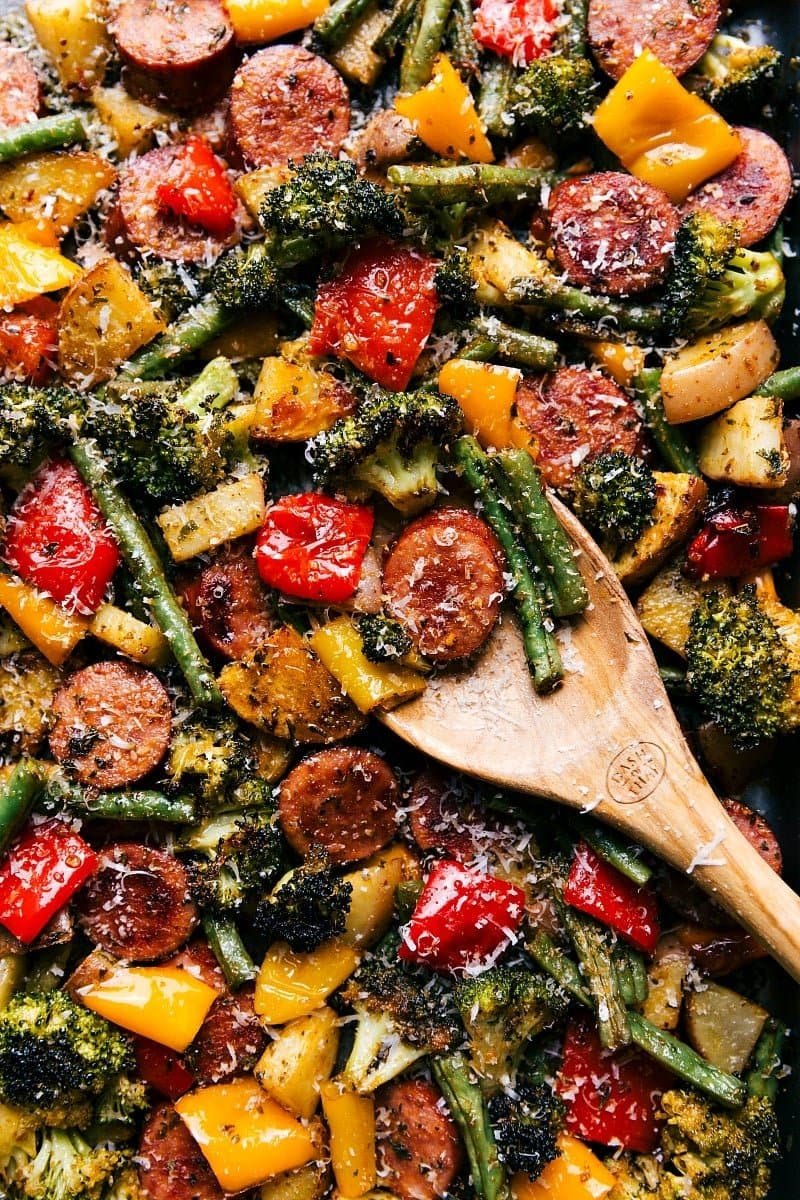 One-pan sausage and vegetables roasted for an easy dinner
