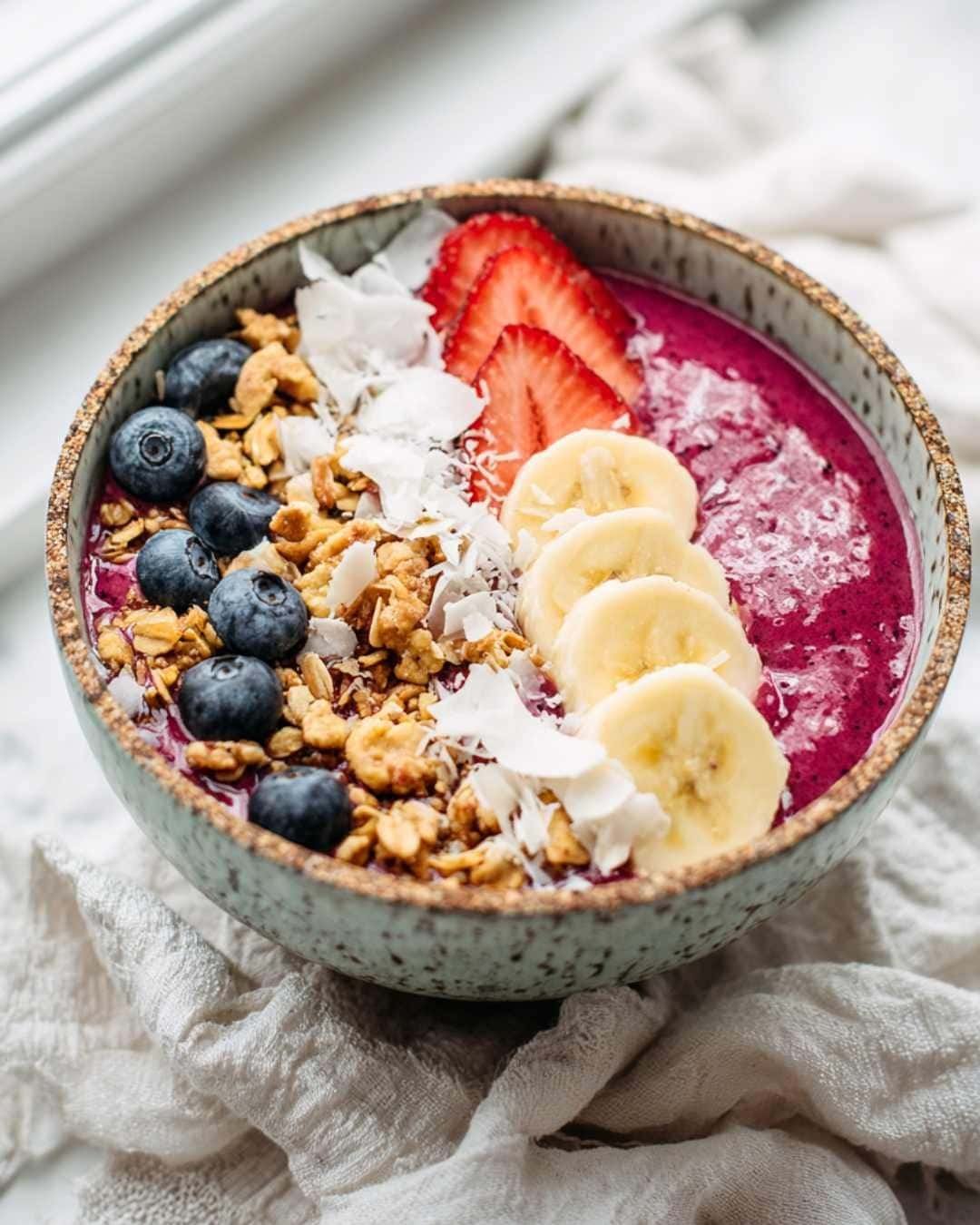 Colorful smoothie bowl with fruit and granola as a healthy breakfast idea