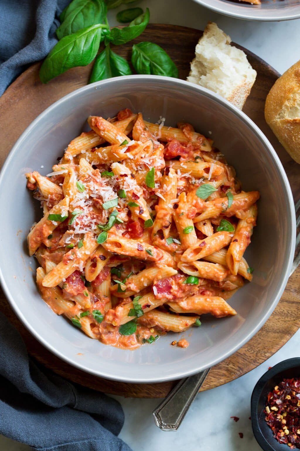 Creamy penne alla vodka pasta with rich tomato sauce and parmesan