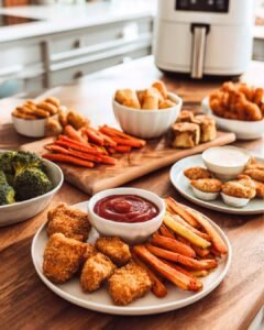 Kid-friendly air fryer meal spread with crispy chicken nuggets, sweet potato fries, broccoli, and dipping sauces on a kitchen counter, air fryer in background