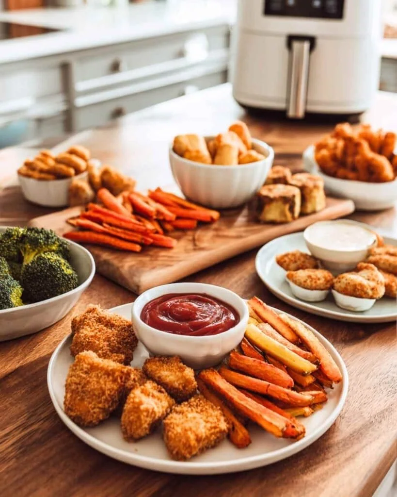 Kid-friendly air fryer meal spread with crispy chicken nuggets, sweet potato fries, broccoli, and dipping sauces on a kitchen counter, air fryer in background