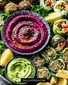 Vibrant healthy vegan appetizer platter with beet hummus, creamy avocado dip, veggie spring rolls, falafel bites, and lemon wedges.