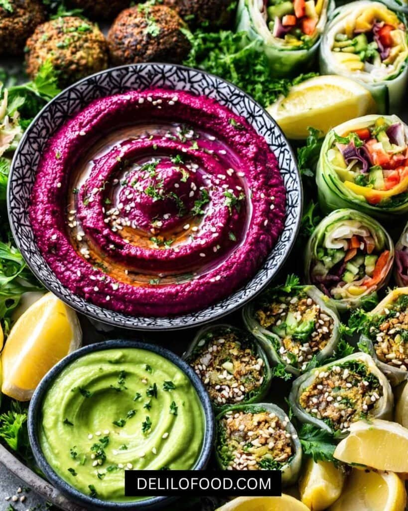 Vibrant healthy vegan appetizer platter with beet hummus, creamy avocado dip, veggie spring rolls, falafel bites, and lemon wedges.