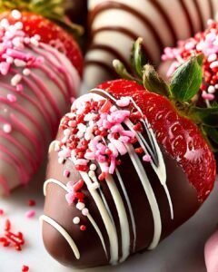 Chocolate covered strawberries with white chocolate drizzle and pink Valentine sprinkles on a light background