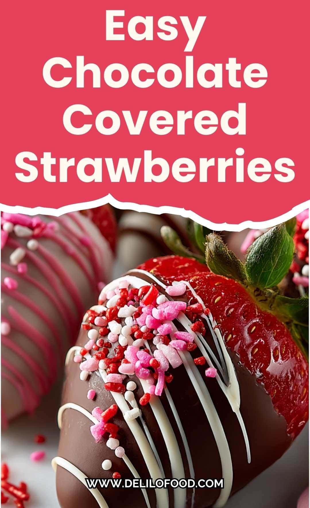 Easy chocolate covered strawberries with white chocolate drizzle and pink sprinkles (Valentine’s Day dessert)