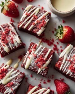 Fudgy red velvet brownie squares drizzled with white chocolate on a marble surface, topped with powdered sugar and red velvet crumbs, with fresh strawberries nearby.