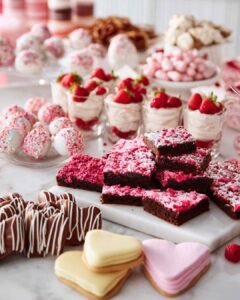 Valentine’s Day dessert table with red velvet brownies topped with pink crumbs, strawberry shortcake cups, heart-shaped iced sugar cookies, and chocolate-dipped treats on a white marble background.
