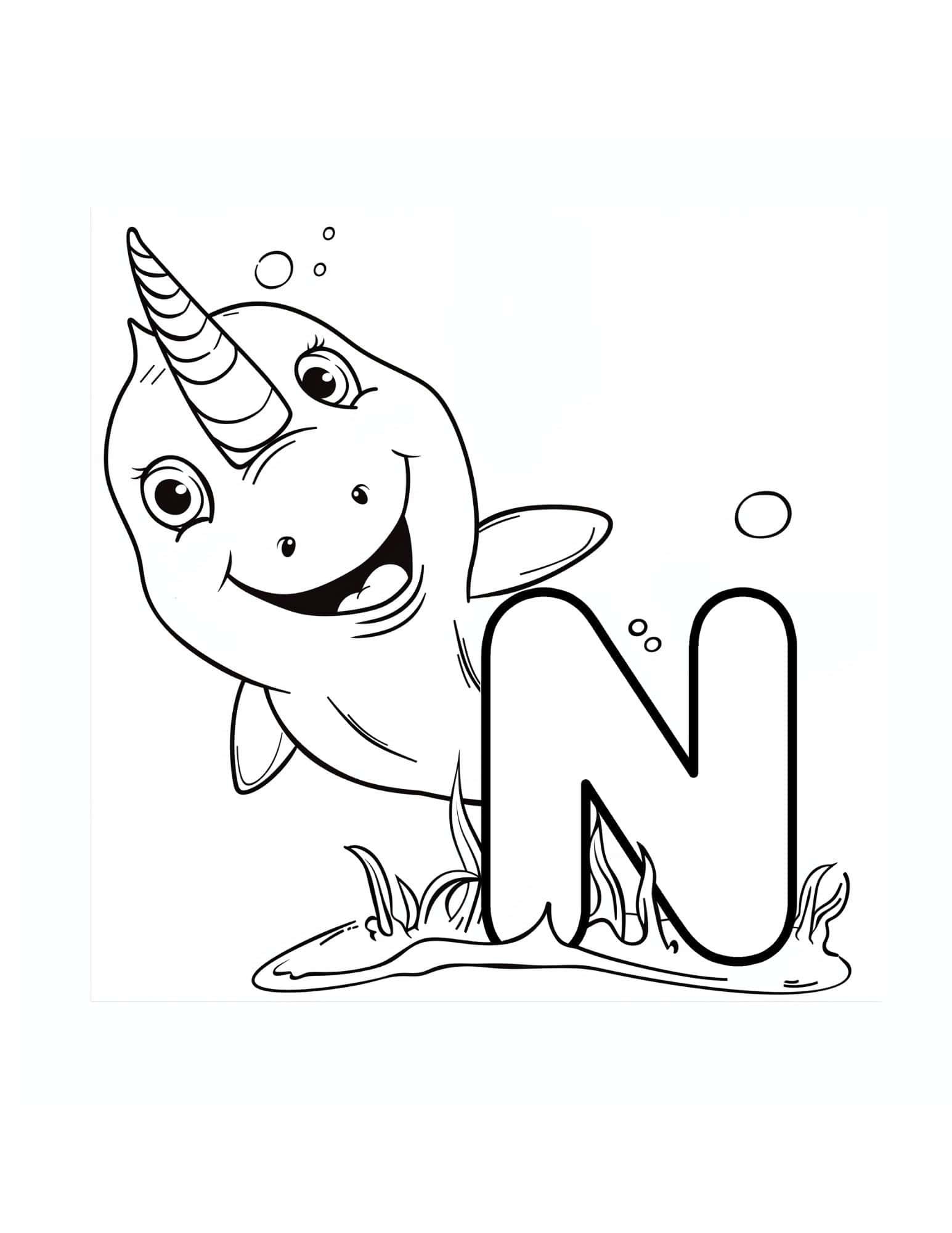 Letter N coloring page printable — Narwhal — ABC animal coloring pages for preschool and kindergarten