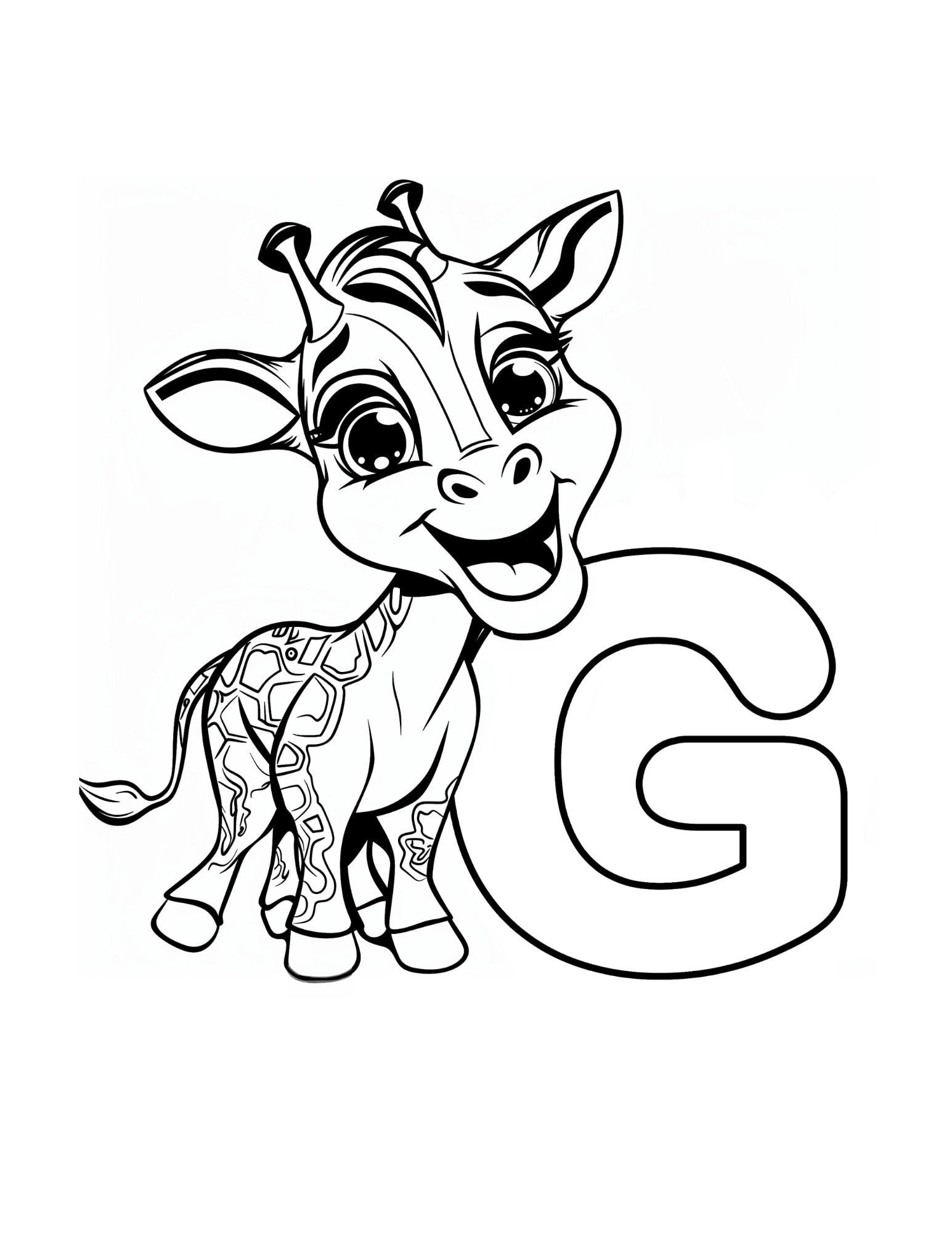 Letter G coloring page printable — Giraffe — ABC animal coloring pages for preschool and kindergarten
